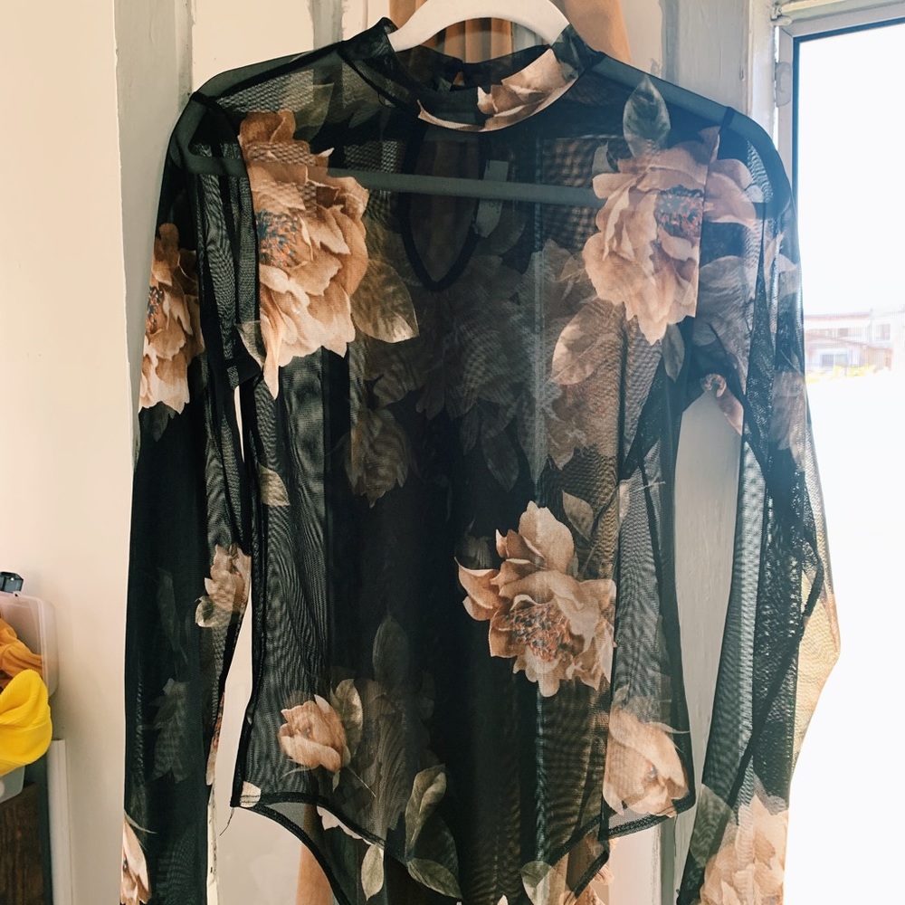 Black and Cream Floral Mesh Bodysuit, Size L